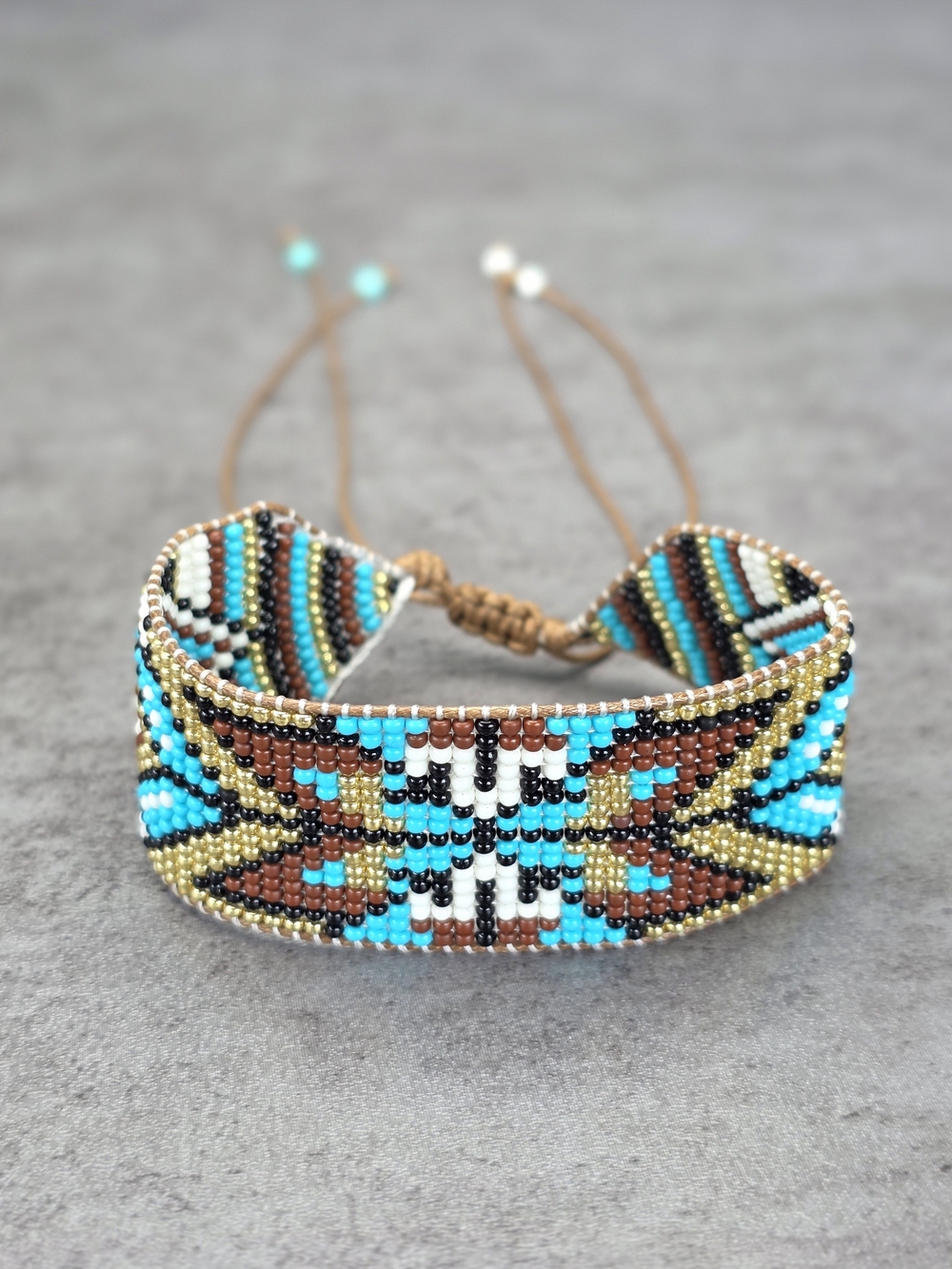 Southwestern Beaded Bracelet Geometric Handmade Boho Jewelry Blue Brown Gold